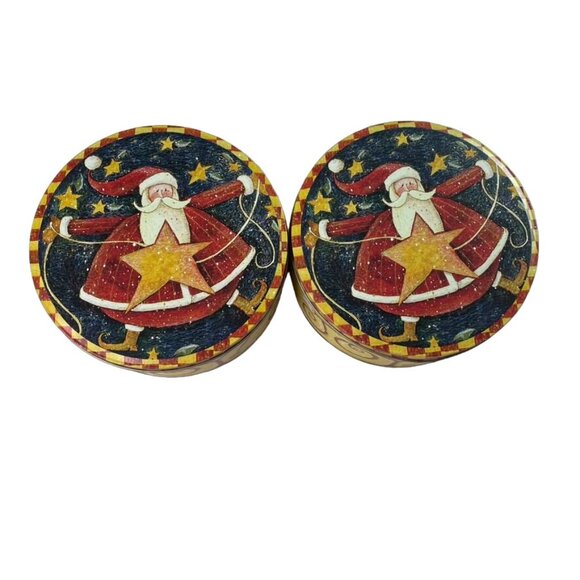 Lot 2 Christmas Cookie Tin 7.75" Yellow Joy Vintage Motif Round Large u - Picture 2 of 6